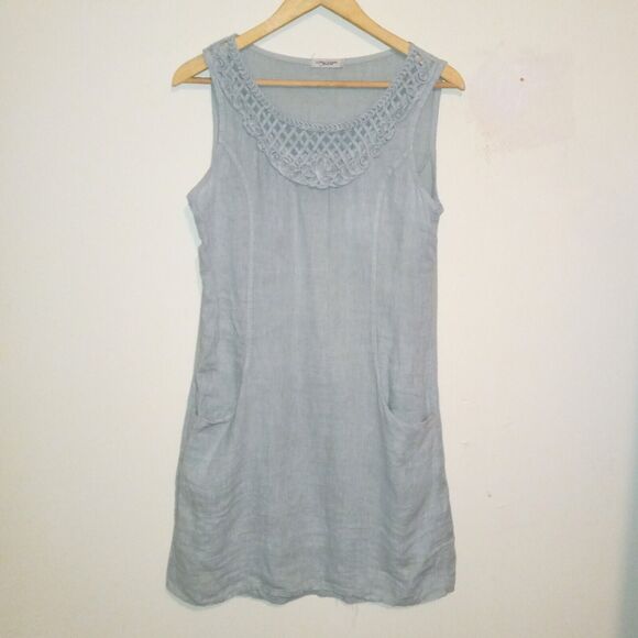 Lungo L'Arno Linen Sleeveless Shift Dress-Small-Lattice Yoke-Pockets-Sage Green - Picture 2 of 10